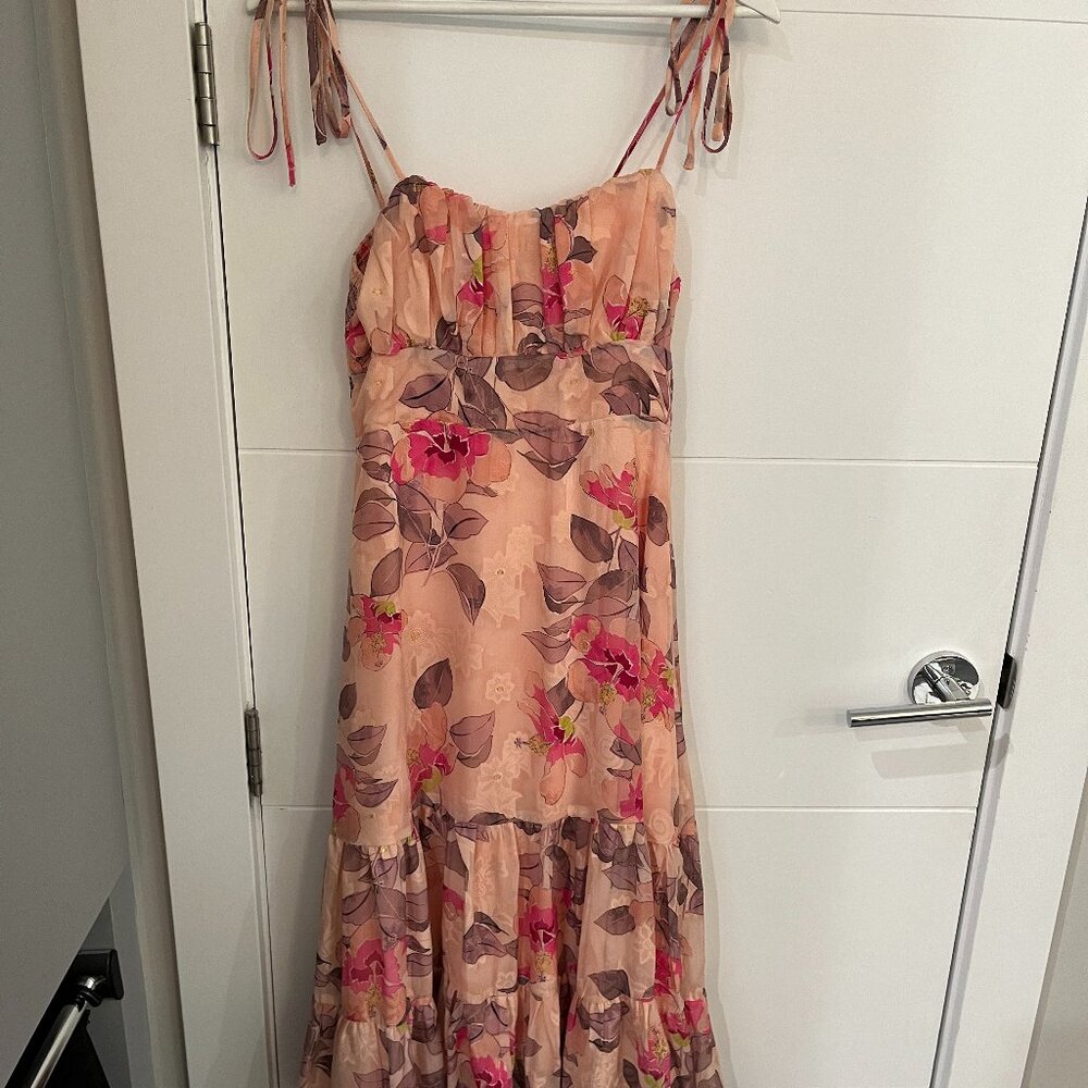 Lulu's Tea Party Chic Pink Floral Print Tie-Strap Tiered Midi Dress